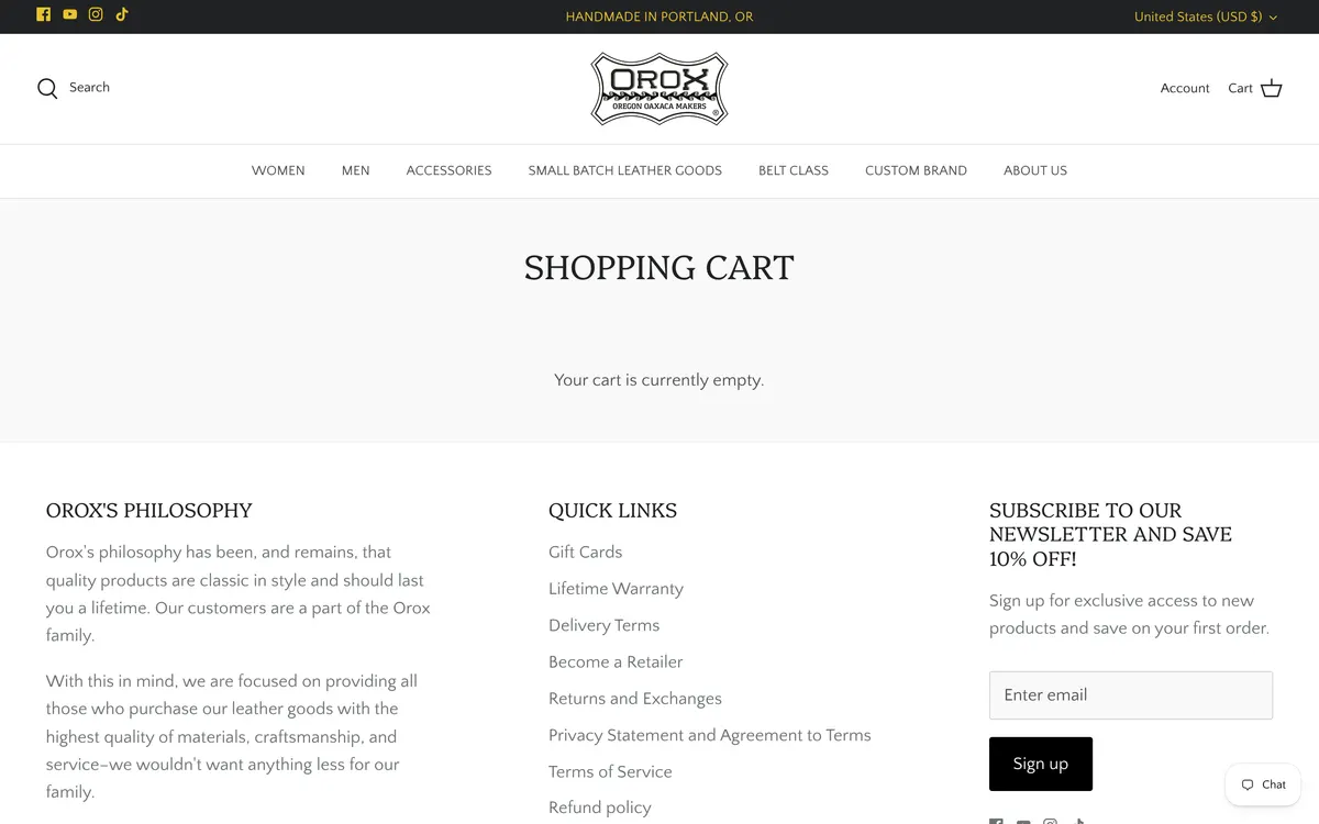 The Orox shopping cart page on desktop showing only the heading Shopping Cart and the sentence Your cart is currently empty, with the rest of the page blank.