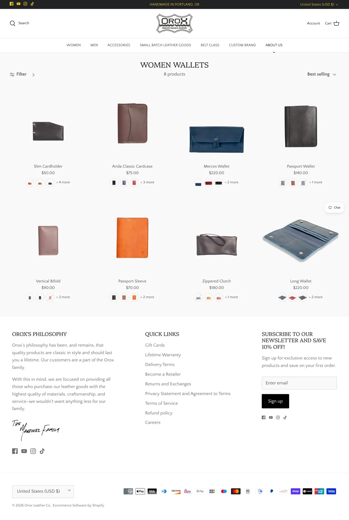The Orox women's wallets collection page on desktop, showing eight products in a wide grid with large amounts of white space between each small product photograph.