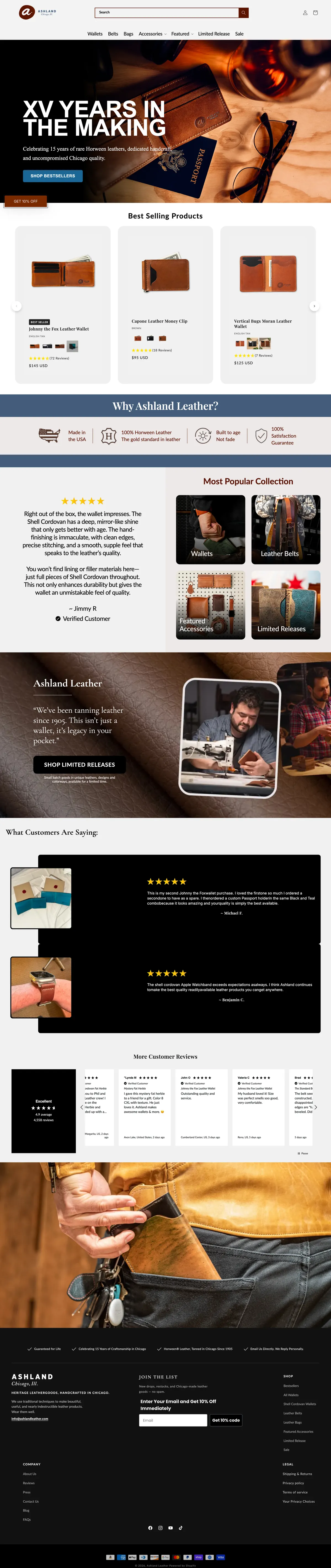 The Ashland Leather homepage on desktop, with a navigation reading Wallets, Belts, Bags, Accessories, Featured, Limited Release and Sale, and large photographs of leather wallets below.