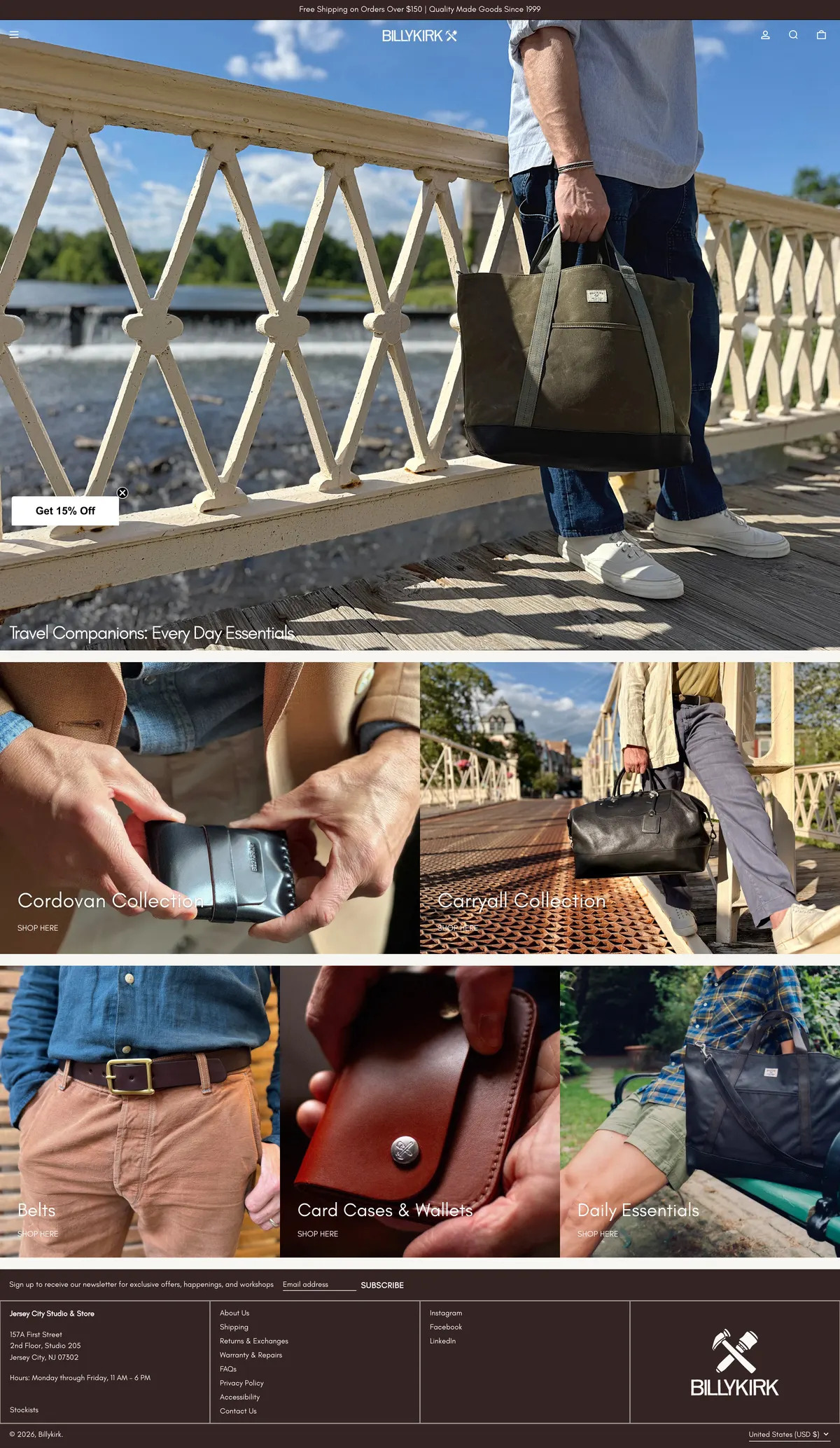 The Billykirk homepage on desktop, with a slim top bar announcing free shipping on orders over $150, a compact header, and editorial photography of leather bags under the headings Travel Companions and Cordovan Collection.