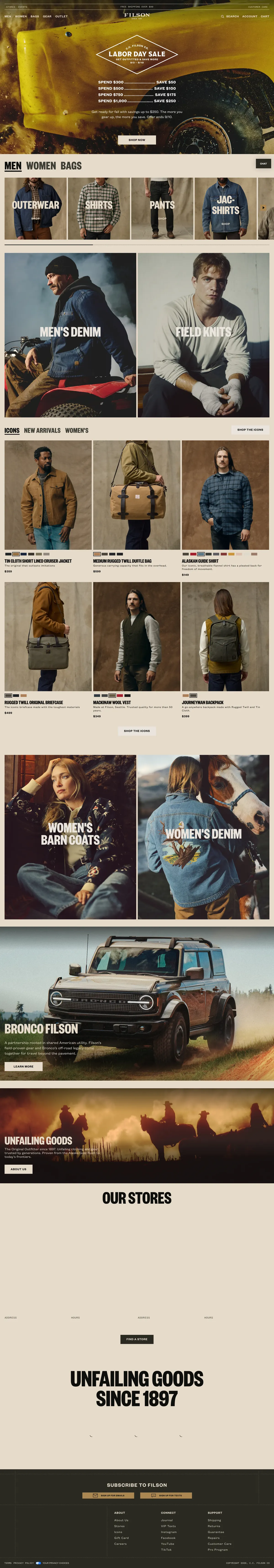 The Filson homepage on desktop, with a top bar carrying Stores, Events, Free Shipping Over $99 and Customer Care, a wide product navigation, and outdoor photography of waxed jackets below.