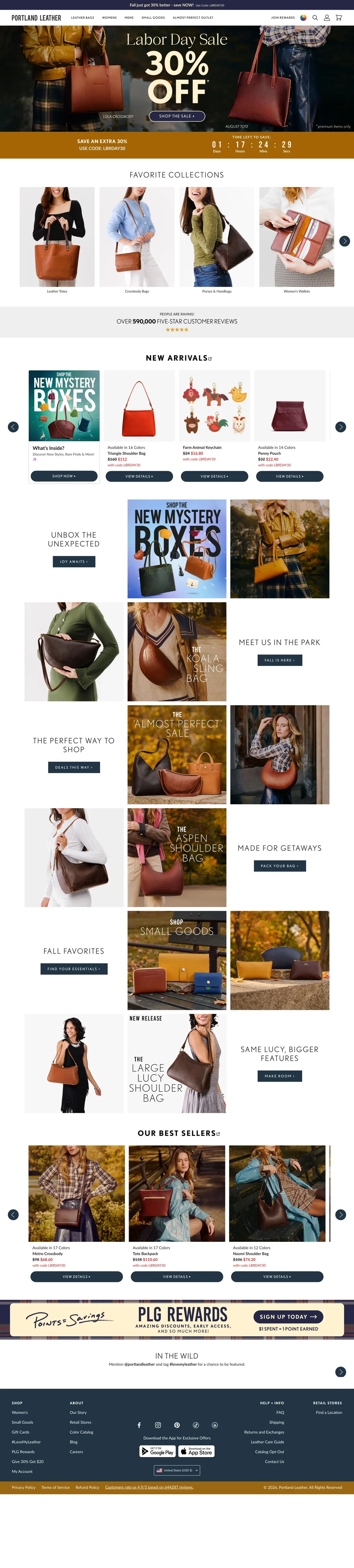 The Portland Leather Goods homepage on desktop: a promotional bar offering 30% off with a code, a compact header with a search field, a product-led navigation listing Leather Bags, Womens, Mens and Small Goods, and rows of bag photography below.