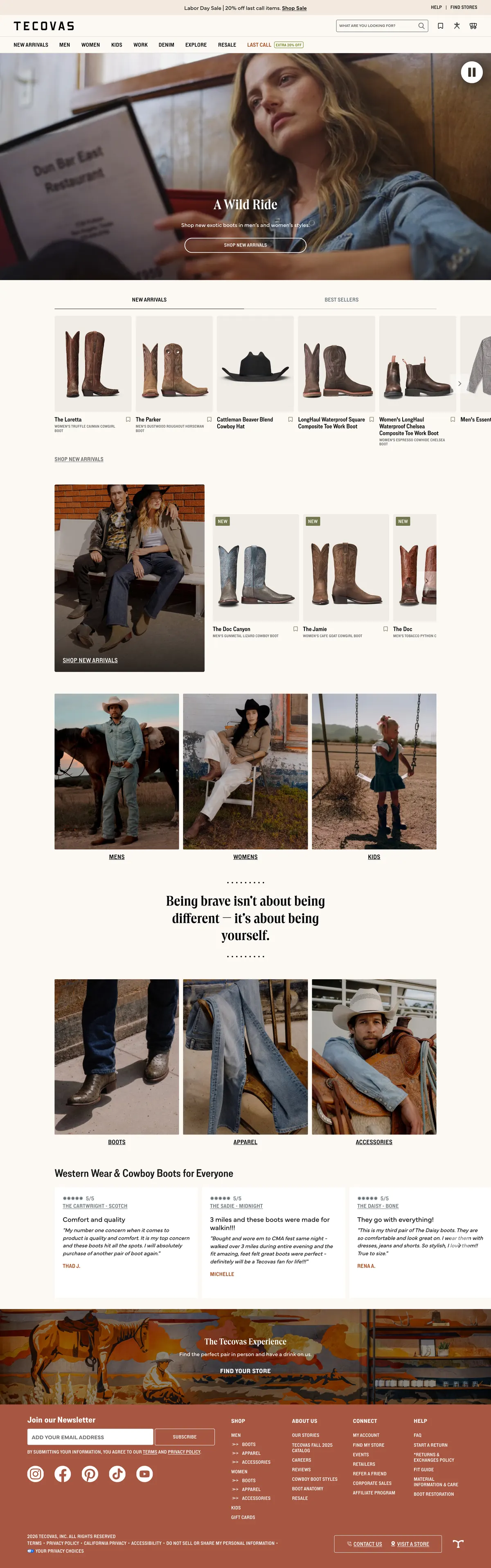 The Tecovas homepage on desktop, with a Labor Day sale bar, links to Help and Find Stores, a prominent search field reading What are you looking for, and full-width western photography below.