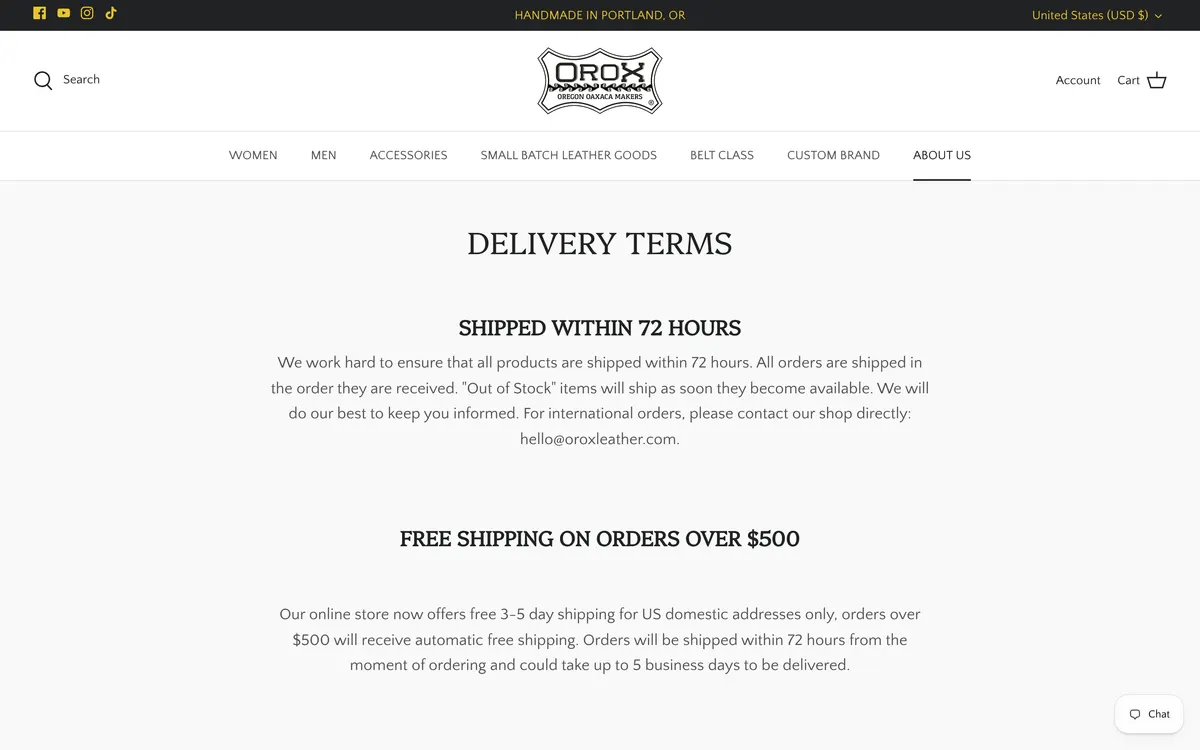 The Orox delivery terms page on desktop, listing shipping timeframes and the free shipping threshold, with a section of Christmas shipping deadlines below.