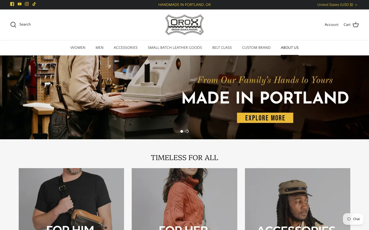The Orox homepage on a 1440 by 900 desktop screen: a black announcement bar reading Handmade in Portland, OR, a tall white band holding the Orox logo, a row of seven category links, and below them a workshop photograph with the headline Made in Portland.