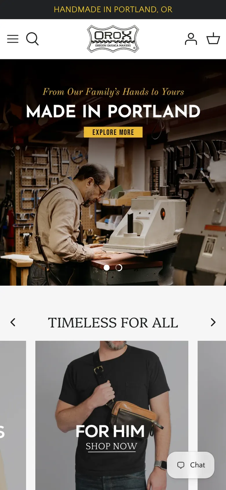 The Orox homepage on a 390 by 844 phone screen: an announcement bar, a header with a hamburger and search icon, and a workshop photograph filling the rest of the screen with the headline Made in Portland and a gold Explore More button.
