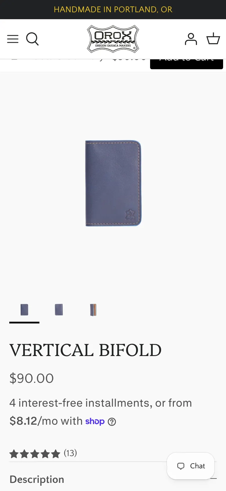The Vertical Bifold product page on a phone, with the sticky Add to Cart bar sliced in half by the header above it so only the bottom of the black Add to Cart button and part of the price are visible.