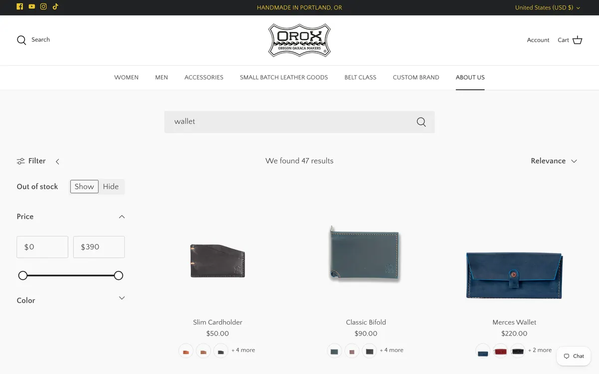 The Orox search results page on desktop for the query wallet, headed simply Search, with a filter control, a sort control and a grid of product results.